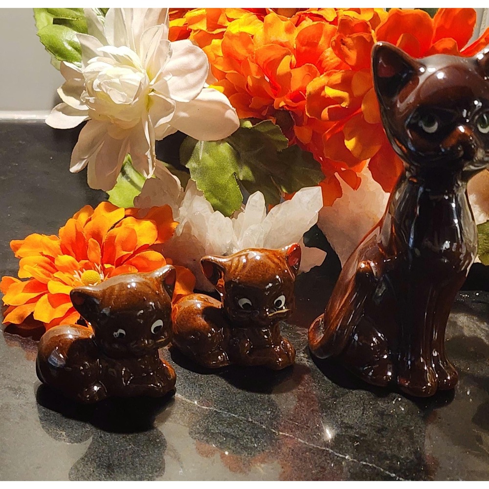 Vintage Ceramic Cat Figurine Trio 1950s Japan Enterprise Exclusive Brown Glossy - Picture 3 of 5